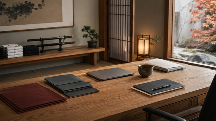 A calm, organised dojo office — membership folders, a closed laptop and tea on the desk.